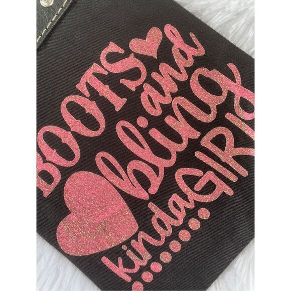 NWOT PG Collection Black Canvas/Leather “Boots And Bling” Crossbody Cell Phone P - Picture 7 of 8